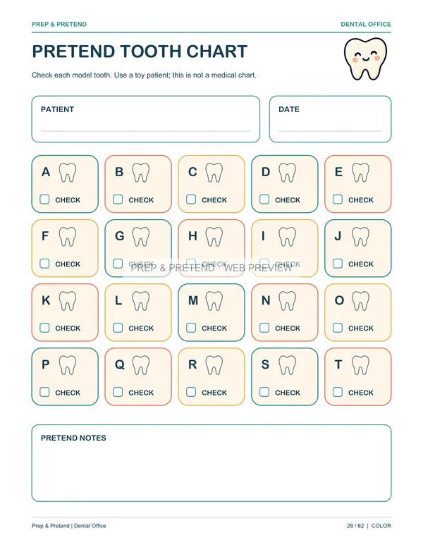 Dentist: actual printable pretend tooth chart, page 28