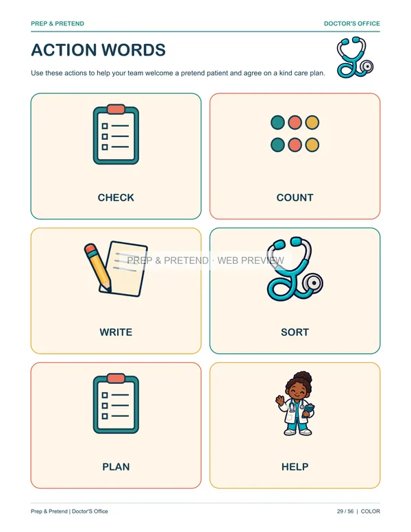 Doctor’s Office: actual printable action words, page 29