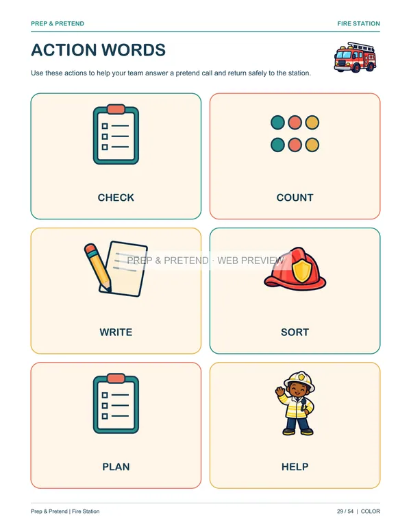 Fire Station: actual printable action words, page 29