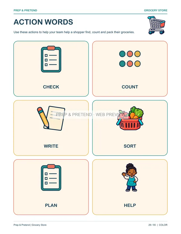 Grocery Store: actual printable action words, page 29