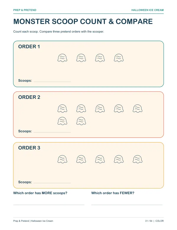 Halloween Ice Cream Shop: authentic printable Monster Scoop Count & Compare, page 31