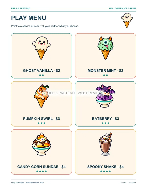 Halloween Ice Cream Shop: actual printable play menu, page 17