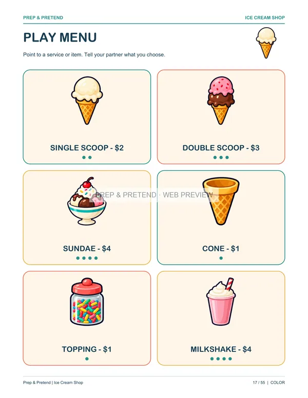 Ice Cream Shop: actual printable play menu, page 17