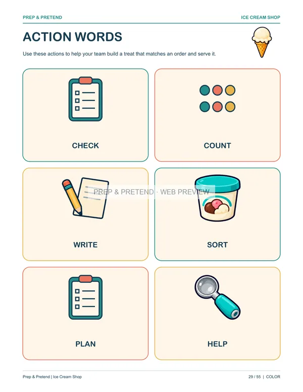 Ice Cream Shop: actual printable action words, page 29
