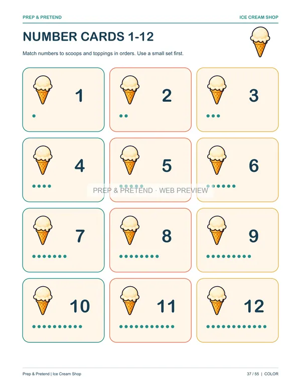 Ice Cream Shop: actual printable number cards 1-12, page 37