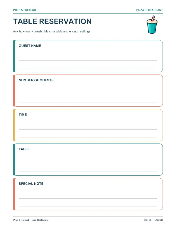 Pizza Restaurant: authentic printable Table Reservation, page 26