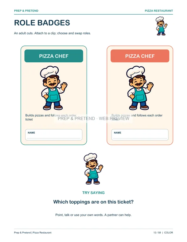 Pizza Restaurant: actual printable role badges, page 13