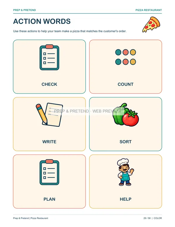 Pizza Restaurant: actual printable action words, page 29