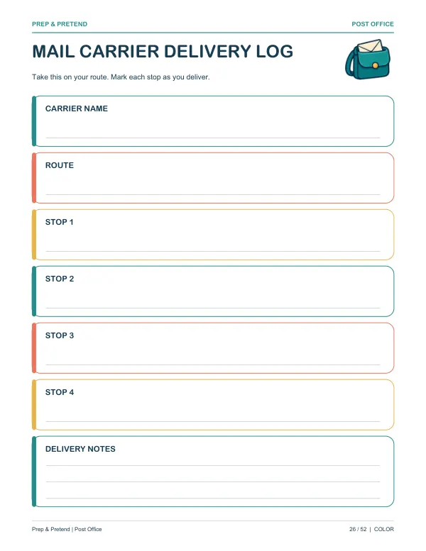 Post Office: authentic printable Mail Carrier Delivery Log, page 26