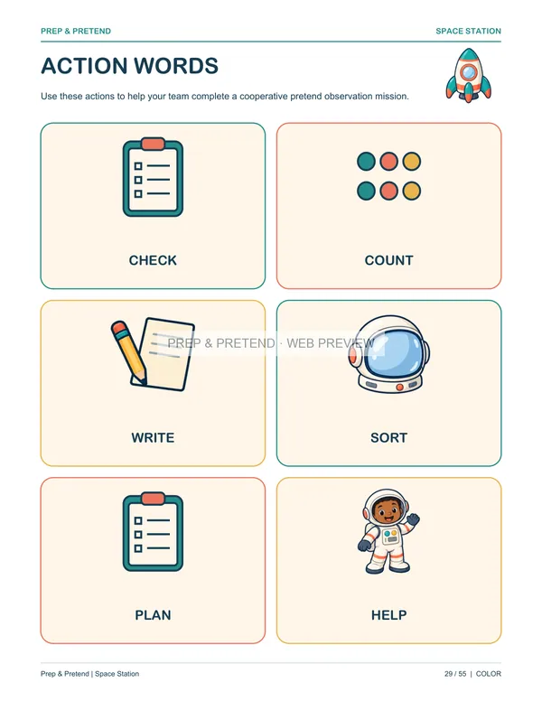 Space Station: actual printable action words, page 29