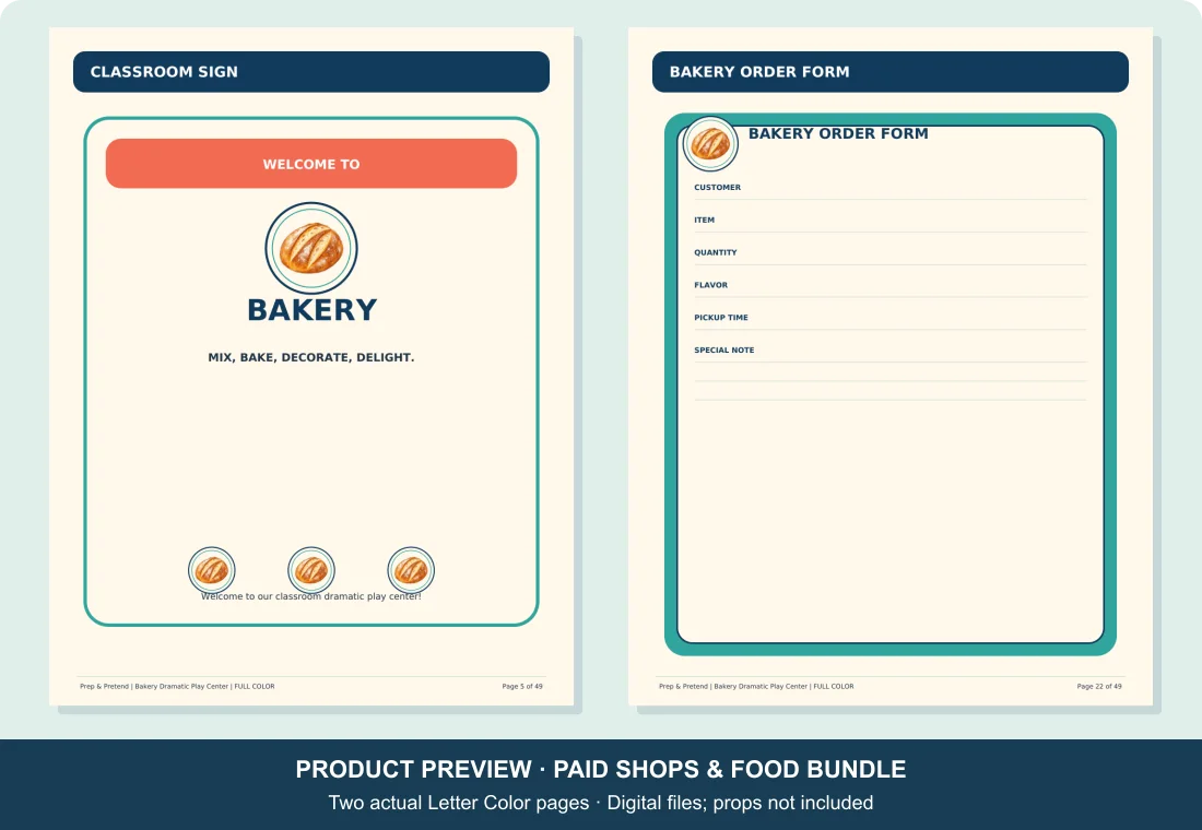 Actual bakery sign on page 5 and Bakery Order Form on page 22 of the paid Letter Color kit.