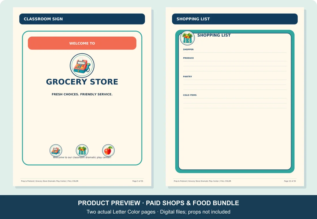Actual grocery store sign on page 5 and Shopping List on page 22 of the paid Letter Color kit.