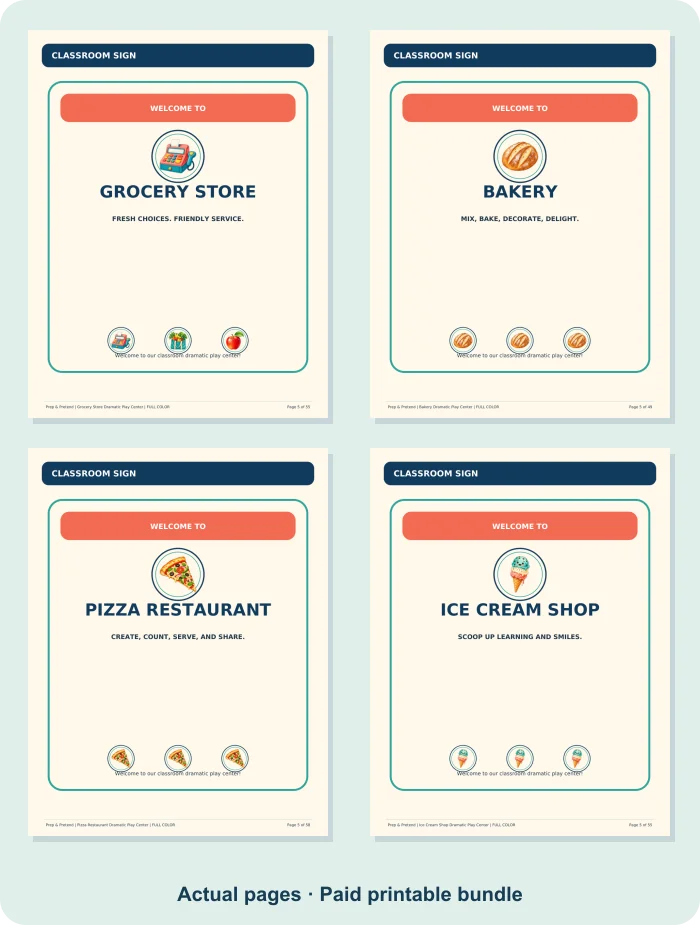 Four actual shop-sign pages from the paid bundle: Grocery Store, Bakery, Pizza Restaurant and Ice Cream Shop.