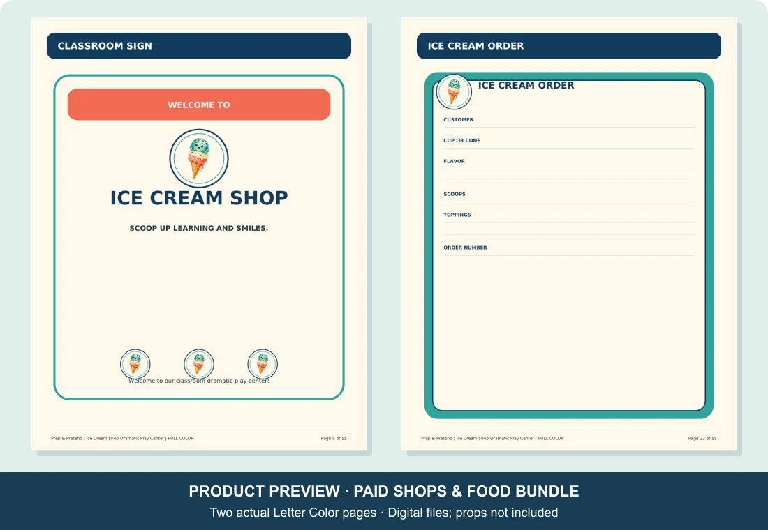 Actual ice cream shop sign on page 5 and Ice Cream Order on page 22 of the paid Letter Color kit.